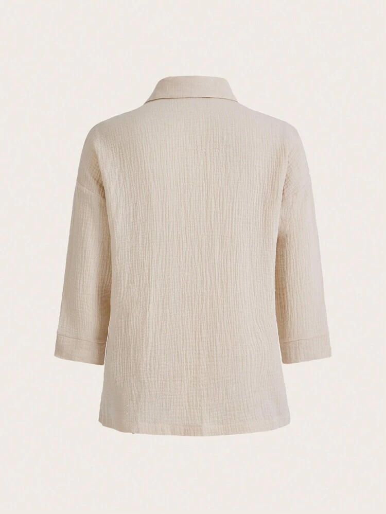 Leisure 100% Cotton Natural Material Lapel Mid-Sleeve Cardigan Top-Khaki