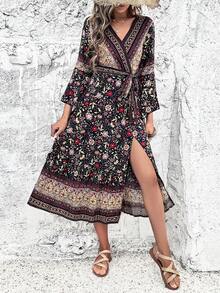 V領連衣裙,v型胸衣帶和劃分腰部,具有高開叉設計 - 黑色 - 查看 7