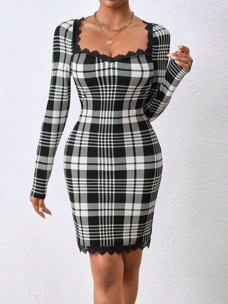 Women's Plaid Lace Patchwork Bodycon Dress
