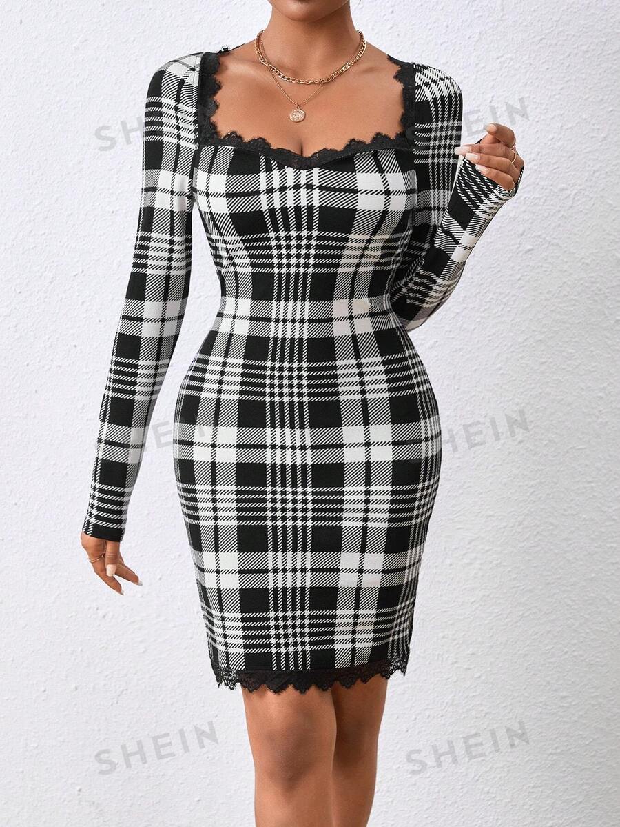 SHEIN Privé Vestido De Cuerpo Entallado De Encaje Y Cuadros Para Mujeres - Blanco y Negro - Ver 1