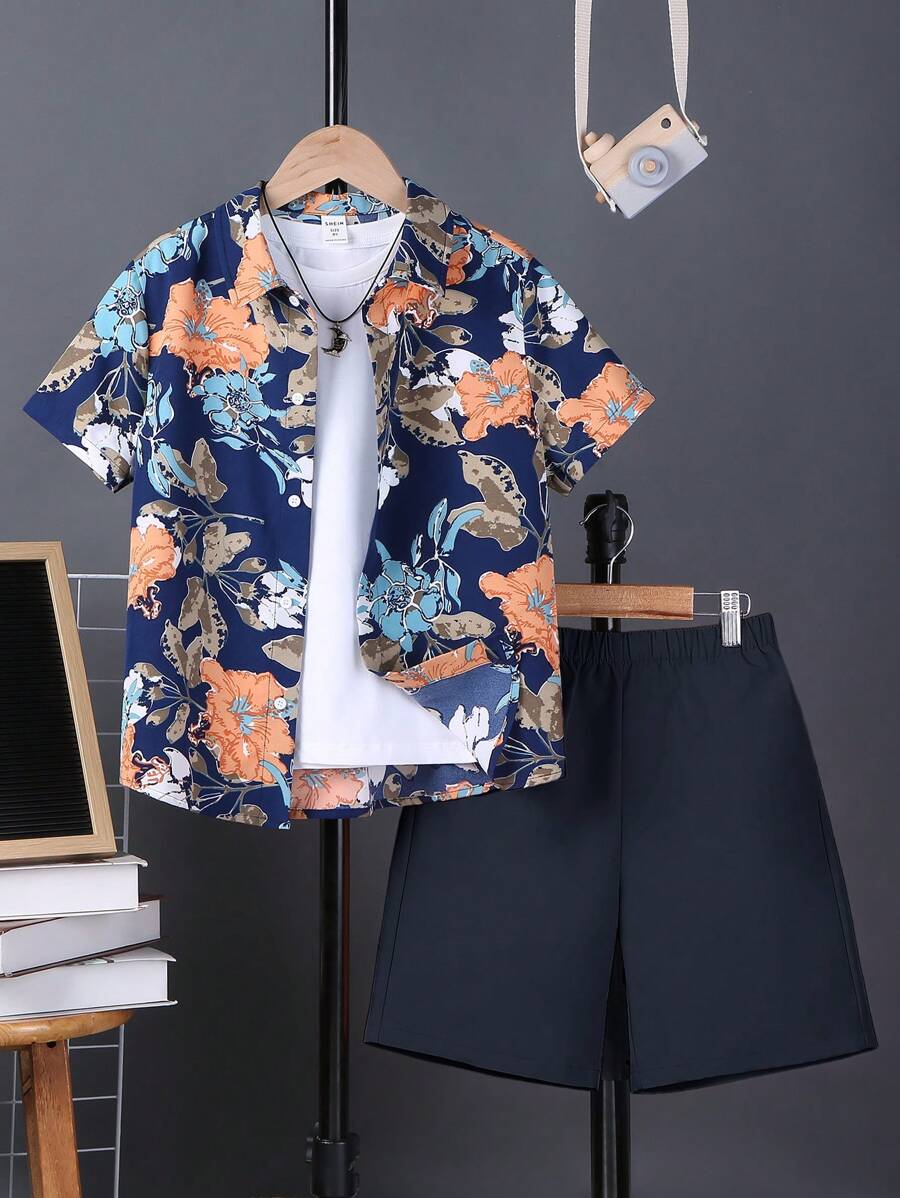 SHEIN 適合青少年男孩的休閒花卉印花短袖襯衫和短褲套裝,適用於暑假旅行 - 藏蓝色 - 查看 1