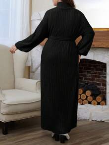 SHEIN Frenchy Plus Size Button Decorated Long Sleeve Belted Dress Elegant Style  All Black - Black - View 2