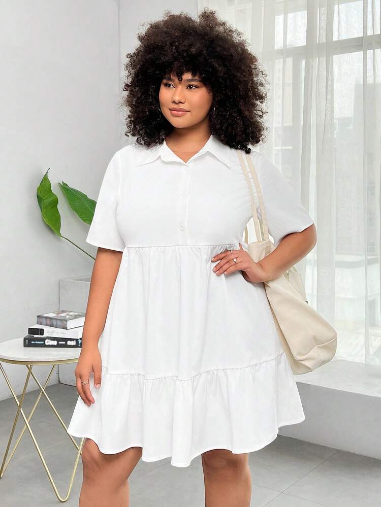 Plus Size Women's Loose Solid Color Button Half-Placket Ruffle Hem Dress