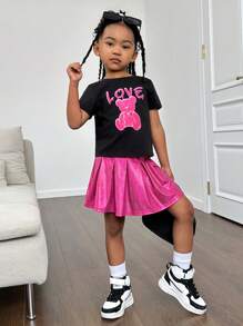Toddler Girls' Cartoon Bear & Letter Print Short Sleeve Top With Round Neckline And Woven Skirt - Multicolor - View 6