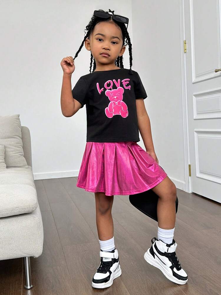 Toddler Girls' Cartoon Bear & Letter Print Short Sleeve Top With Round Neckline And Woven Skirt