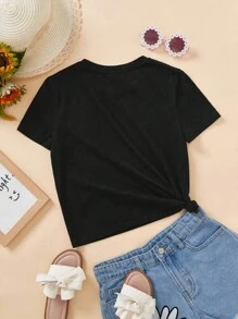 SHEIN 女童黑色可愛貓咪印花短袖T恤，春夏款，休閒時尚 - 黑色 - 查看 2