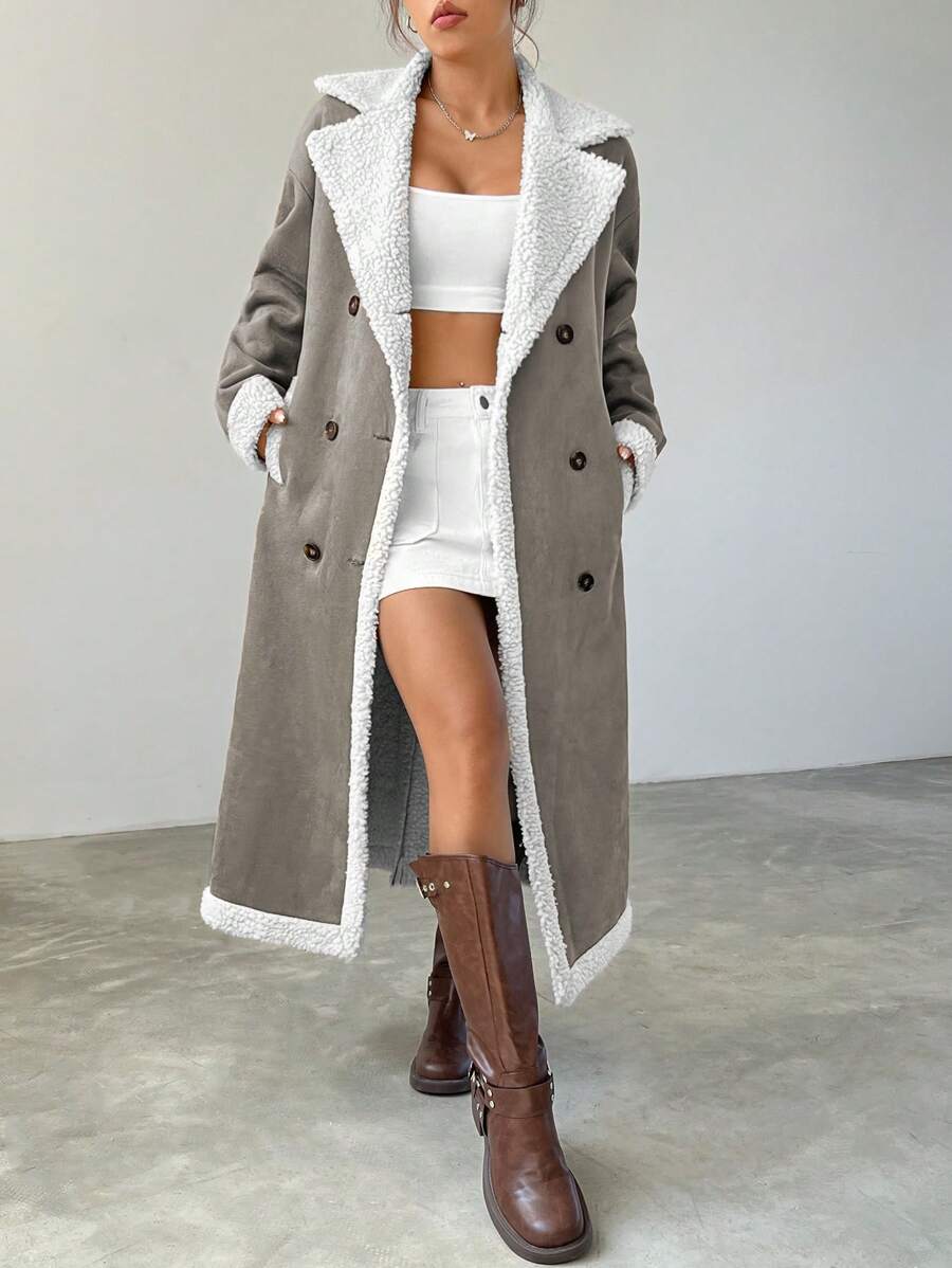 SHEIN EZwear Áo khoác dài thường ngày cổ lông xù phối màu hai hàng khuy cho nữ, mùa thu/đông - Xám - Xem 1