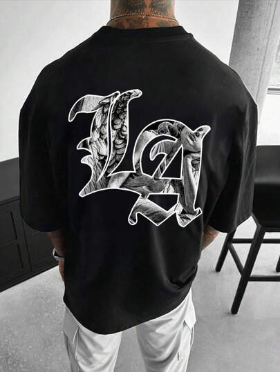 Manfinity LEGND Men Chinese Character Printed Round Neck Short Sleeve T-Shirt, Street Wear, Boyfriend Gift, 2000s Style