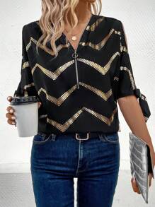 SHEIN Clasi Women's Gold Striped Zipper Half-Placket Shirt - Black - View 3