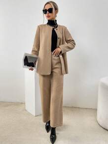SHEIN Essnce 女款單排扣外套與褲子套裝 - 卡其色 - 查看 3