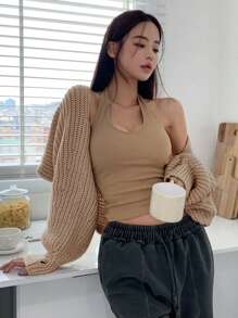 DAZY 1 件女式燈籠袖前開式聳肩開襟衫 - 卡其色 - 查看 5