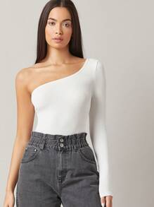SHEIN BASICS One Shoulder Rib-knit Top - White - View 4