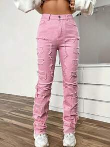 Teen Girl Casual Solid Color Denim Pants With Frayed Edge Decoration - Hồng - Xem 3