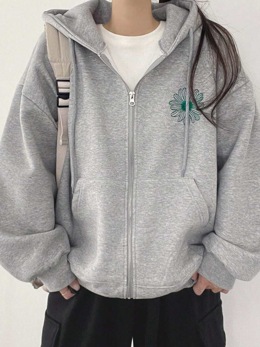 DAZY Của phụ nữ Mô hình hoa Túi kangaroo Áo Zip Up Hoodie - Xám - Xem 1