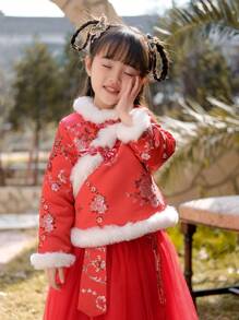 Toddler Girls' Plush Patchwork Buckle Closure Top And Mesh Skirt Hanfu Style - Red - View 5