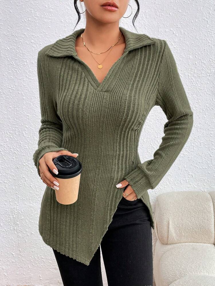 Women's Casual Ribbed T-Shirt With Split Hem Design
