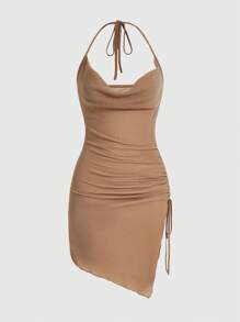 SHEIN ICON 女用不對稱下擺翻領繫帶連身裙 - 杏色 - 查看 1