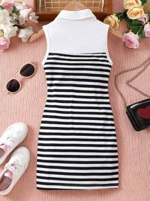 Sparklyn 少女领口条纹心形印花休闲修身连衣裙
