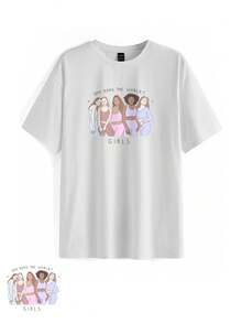 Ysacah Women's Letter Print Round Neck T-Shirt With Cartoon Character Design - White - View 1