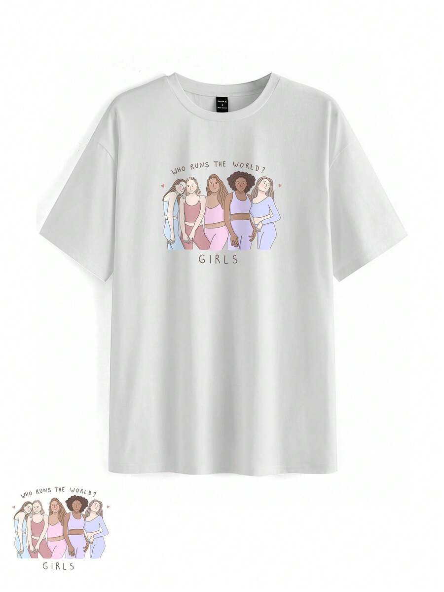 Ysacah Women's Letter Print Round Neck T-Shirt With Cartoon Character Design - White - View 1