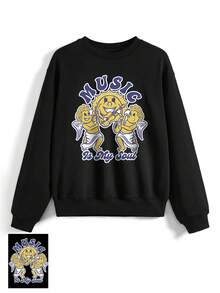 Mahdedesign Cartoon Printed Round Neck Sweatshirt - Black - View 1