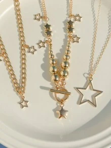 ROMWE Goth 3pcs/Set Stylish Punk Style Star Pendant Beaded Necklace Set - Gold - View 4