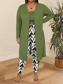 Inoviana 3 件大码春秋休闲纯色长夹克、连体衣和几何印花打底裤套装