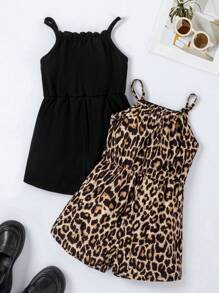 SHEIN Mono Con Estampado De Leopardo Y Cinturilla Elástica Con Tirantes Ajustables Para Niñas Jóvenes