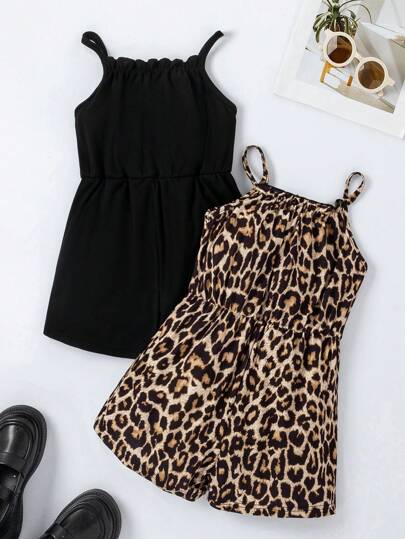 SHEIN Genkimix Kids Junges Mädchen Leoparden Druck Elastischer Taillen Romper Mit Verstellbaren Riemen