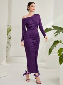 Modelyn 女式不对称领口长袖连衣裙长款晚礼服 - 紫色 - 查看 5