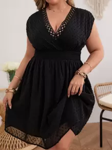 SHEIN VCAY Plus Size Deep V-Neck Jacquard Lace Patchwork Dress - Black - View 1