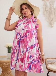 SHEIN VCAY Plus Size Women's Romantic Water Ripple Print Off Shoulder Beach Dress With Ruffle Hem, Valentine's Day,Pink - Pink - View 5
