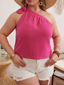 SHEIN VCAY Plus Size Women's One Shoulder Bowknot Shirt