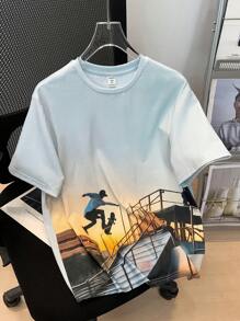 Tween Boy Casual Street Style Skateboard Printed Round Neck Pullover Knit Loose T-Shirt - White - View 1