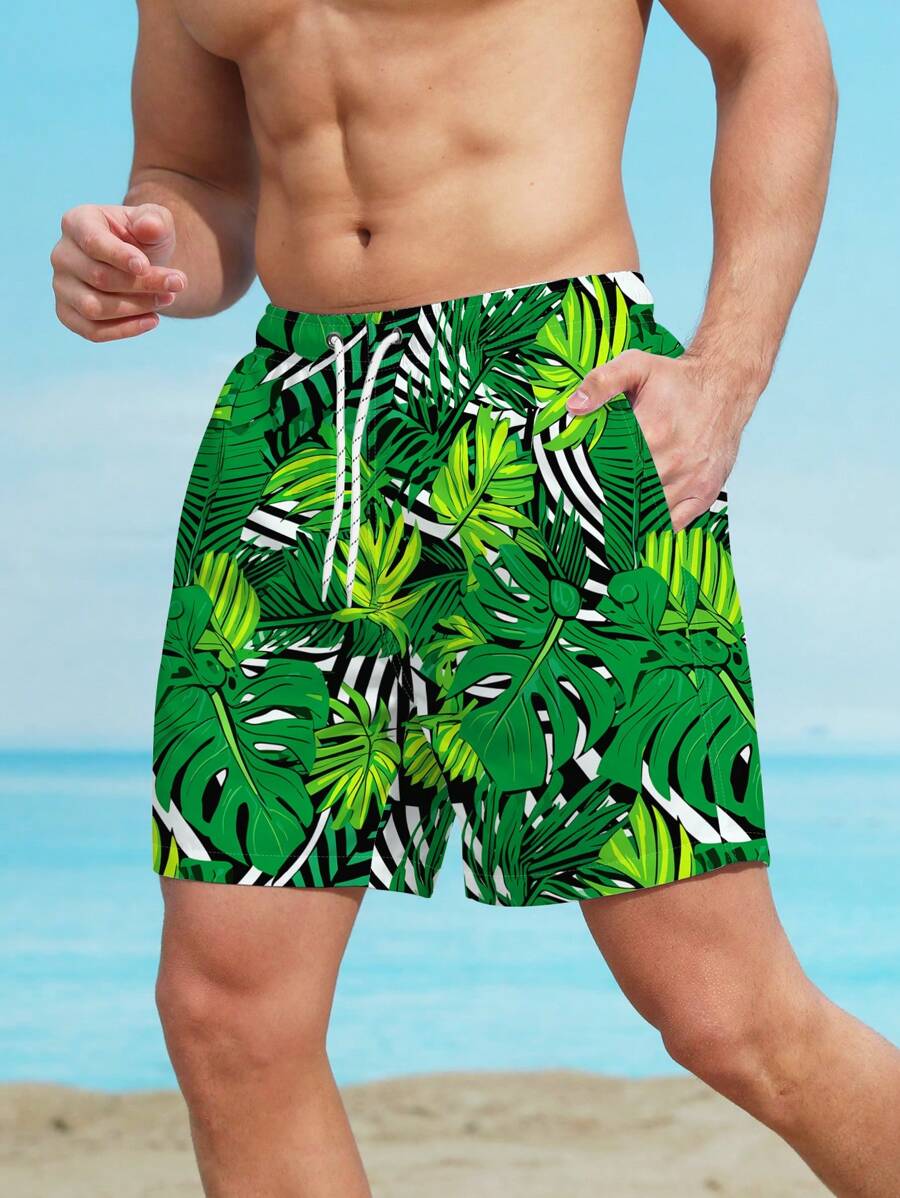Manfinity Swimmode Bermudas De Playa Para Hombre Con Estampado Tropical Y Bolsillos Laterales - Blanco - Ver 1