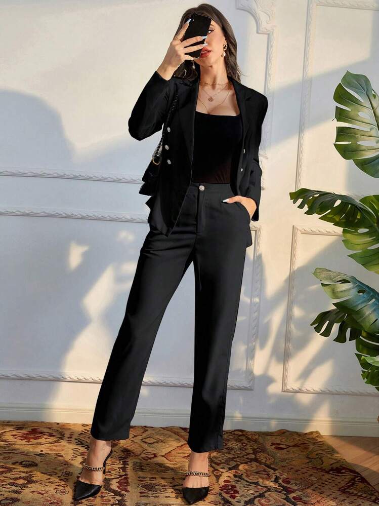 Seusyu Women's Double Breasted Long Sleeve Suit Jacket And Pants