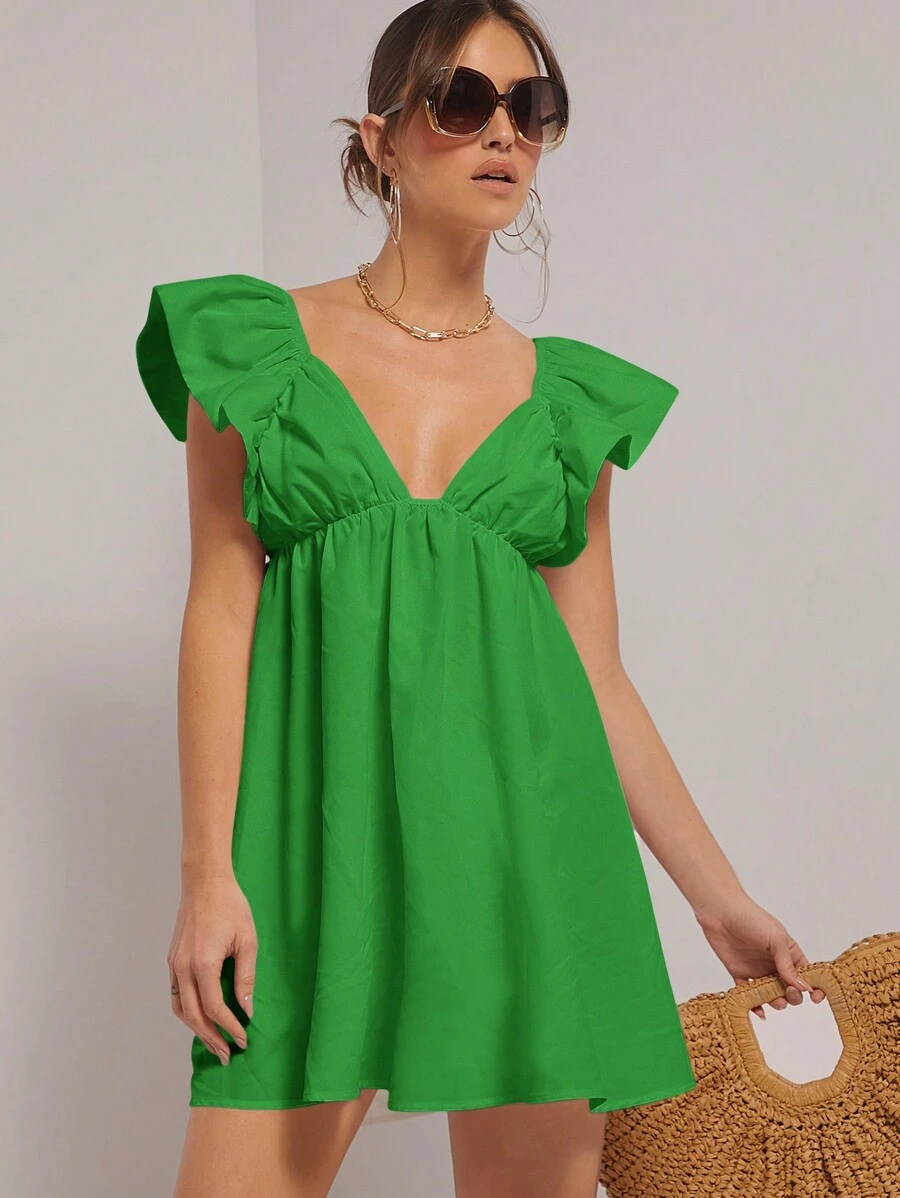 SHEIN Unity Flounce Sleeves & A-Line Hem Dress - Green - View 1