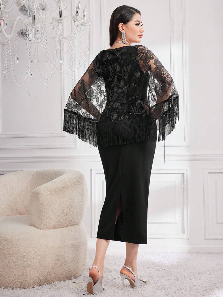 Women'S Sheath Dress With Square Neckline, Embroidered Mesh Cape, Doesn'T Including Waist Chain,Elegant Evening Party Dress Long Evening Dresses