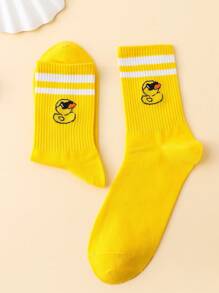 Fun Duck Wearing Sunglasses Pattern Jacquard Mid-Calf Socks - Yellow - View 2