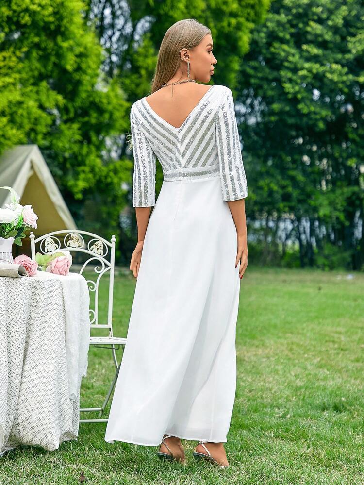 Bridesmaid Long Dress With Sequin Mesh Inserts, Chiffon Deep V-Neckline, 3/4-Sleeves