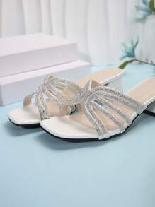 White Square Toe Thin Heeled Sandals For Women, Fashionable French Style Crystal Embellished High Heeled Shoes, Summer & Fall Valentines