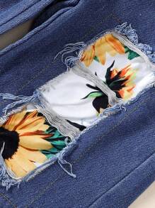 SHEIN Toddler Girls' Sunflower Pattern T-Shirt And Denim Overall Set For Holiday - Grey - View 5