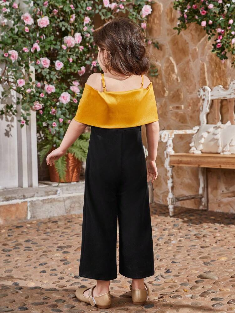 Young Girl's Colorblocking Sleeveless Jumpsuit With Hollow Out Detailing And Rhinestone Decorated Buckle On Shoulder Straps