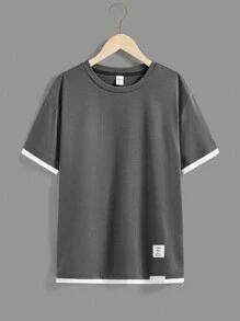 Camiseta con diseño de bloque de color y aplicación de letra para adolescentes varones, adecuada para uso casual y de viaje - Gris - Ver 6