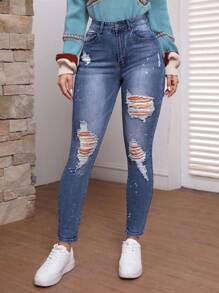 SHEIN LUNE Women's Skinny Distressed Jeans - Blue - View 1