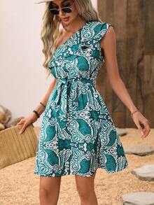 SHEIN VCAY Một bờ vai Không tay In hoa Paisley Váy có thắt lưng - màu xanh lá - Xem 4