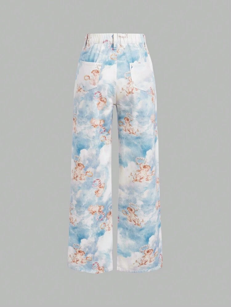 Y2K Fashion Angel Printed Loose Fit High Waist Elastic Straight Leg Jeans For Teen Girls