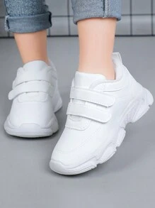 1對春季新款兒童純色魔鬼氈運動鞋，PU材質輕便時尚休閒跑步鞋，男女童鞋 - 白色 - 查看 2