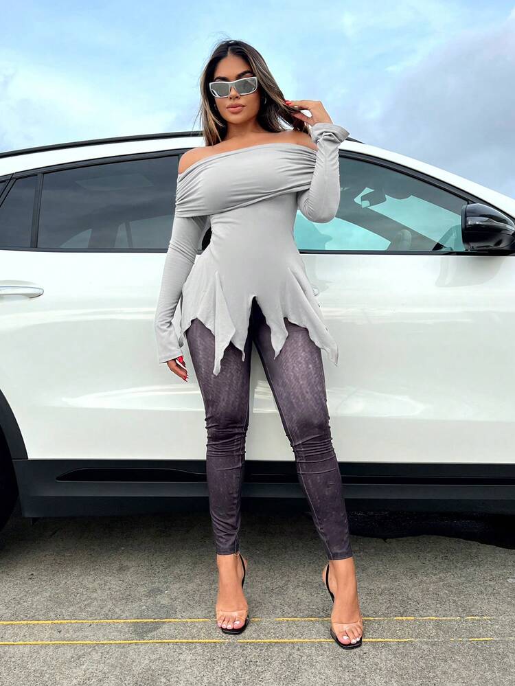 Spring Open Shoulder Asymmetrical Hem Slim Fit T-Shirt
