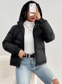 SHEIN Frenchy 冬季拉链连帽棉服大衣 - 黑色 - 查看 5